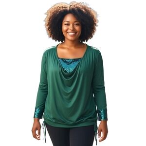 Womens Blouse Top XXL Green Drape Sequins Front Cuff Stretch Knit Long Sleeve